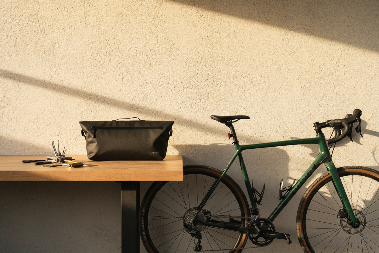 Sacoche vélo gravel – lumière dorée
